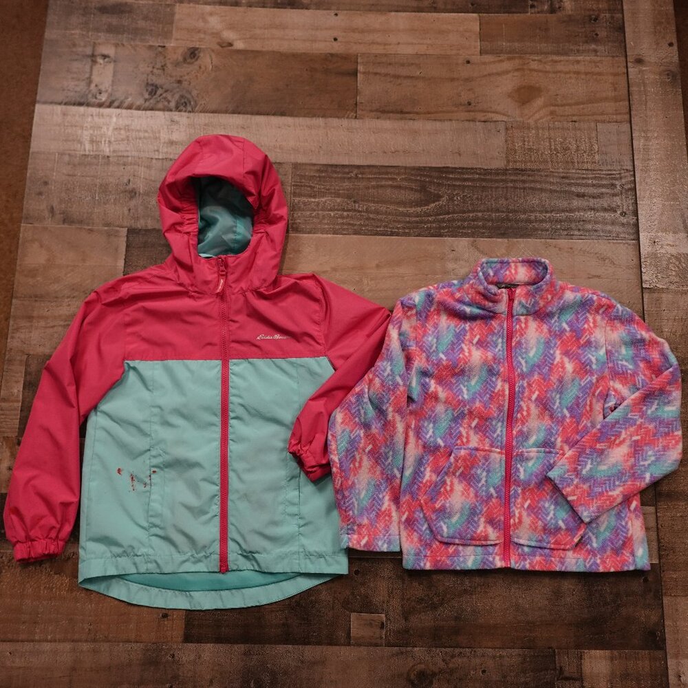 Eddie Bauer Girls 7/8 Jacket + Fleece Bundle Pink Aqua Shell & Colorful Zip-Up‎